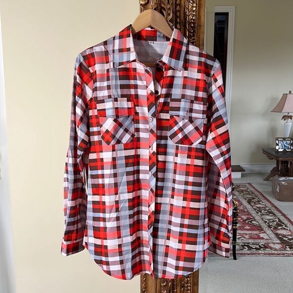 Plaid Long Sleeve Button Down Blouse Split Shirt Size Large Orange / Blue - Picture 1 of 5